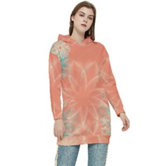 Teal Coral Abstract Floral Cream Women s Long Oversized Pullover Hoodie