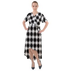 Square Diagonal Pattern Seamless Front Wrap High Low Dress