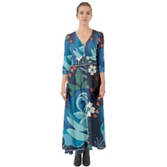 Floral Background Digital Art Button Up Boho Maxi Dress