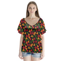 Ethiopian Triangles - Green, Yellow And Red Vibes V-neck Flutter Sleeve Top by ConteMonfreyShop