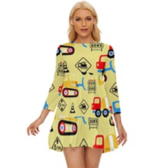 Seamless Pattern Vector Industrial Vehicle Cartoon Long Sleeve Babydoll Dress by Jancukart