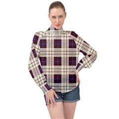 Gray, Purple And Blue Plaids High Neck Long Sleeve Chiffon Top