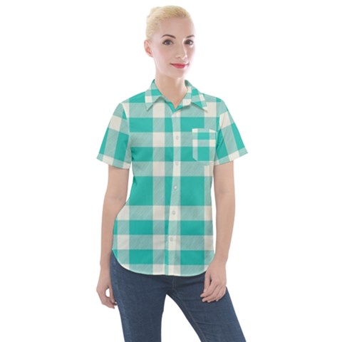 Turquoise Small Plaids  Women s Short Sleeve Pocket Shirt by ConteMonfrey