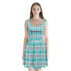 Black, White And Blue Turquoise Plaids Split Back Mini Dress  by ConteMonfrey