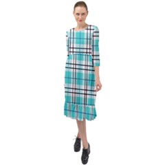 Black, White And Blue Turquoise Plaids Ruffle End Midi Chiffon Dress by ConteMonfrey