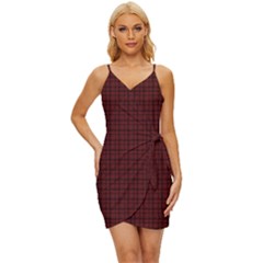 Dark Red Small Plaids Lines Wrap Tie Front Dress by ConteMonfrey