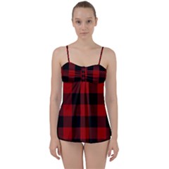 Red And Black Plaids Babydoll Tankini Set