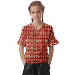 Gold-red Flower Kids  V-neck Horn Sleeve Blouse by nateshop