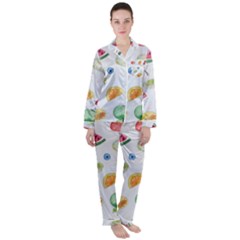 Fruit Summer Vitamin Watercolor Satin Long Sleeve Pajamas Set by Wegoenart