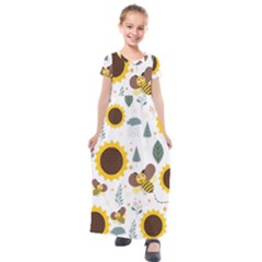 Nature Honeybee Sunflower Leaves Leaf Seamless Background Kids  Short Sleeve Maxi Dress by Jancukart