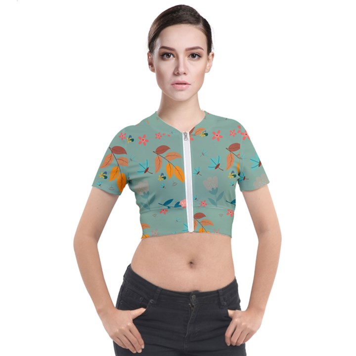 Background Flower Plant Leaves Short Sleeve Cropped Jacket