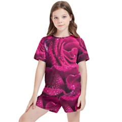 Water Rose Pink Background Flower Kids  Tee And Sports Shorts Set by Ravend