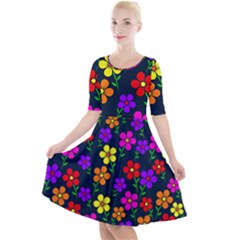 Background Flower Floral Bloom Quarter Sleeve A-line Dress