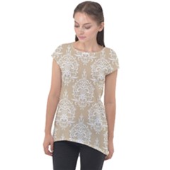 Clean Brown And White Ornament Damask Vintage Cap Sleeve High Low Top by ConteMonfrey