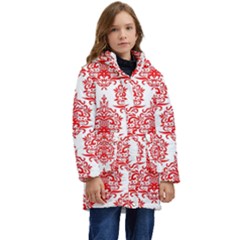 White And Red Ornament Damask Vintage Kid s Hooded Longline Puffer Jacket by ConteMonfrey