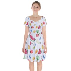 Fruit Summer Vitamin Watercolor Short Sleeve Bardot Dress by Wegoenart