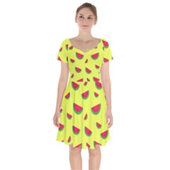 Watermelon Pattern Wallpaper Short Sleeve Bardot Dress by Wegoenart