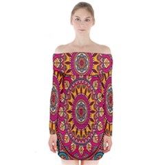 Buddhist Mandala Long Sleeve Off Shoulder Dress by nateshop