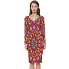 Buddhist Mandala Long Sleeve V-neck Bodycon Dress  by nateshop