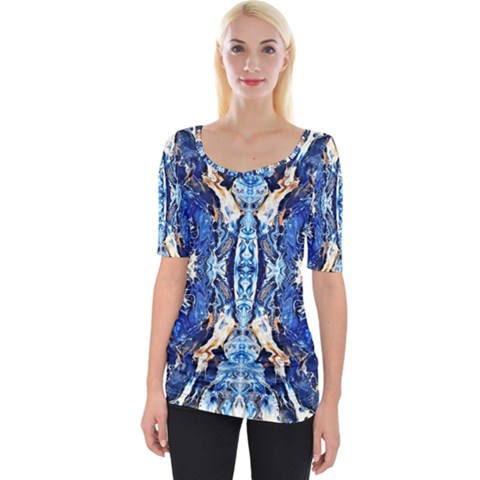 Cobalt On Gold Symmetry Wide Neckline Tee by kaleidomarblingart