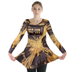 Brown And Black Abstract Painting Doctor Who Tardis Vincent Van Gogh Long Sleeve Tunic  by danenraven