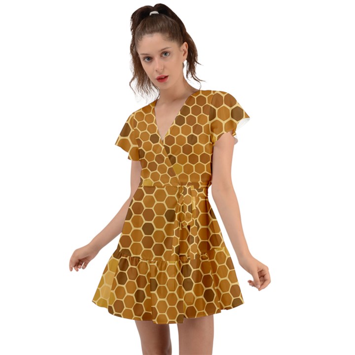 Honey Nature Bee Cute Wax Beeswax Flutter Sleeve Wrap Dress