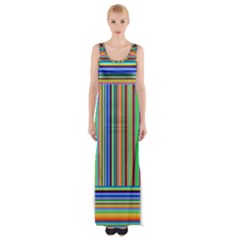 Abstract Stripe Pattern Rainbow Thigh Split Maxi Dress by Wegoenart