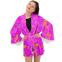 Spring Tropical Floral Palm Bird Pink Pattern Background Long Sleeve Kimono by Wegoenart