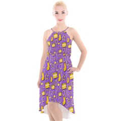Pattern-purple-cloth Papper Pattern High-low Halter Chiffon Dress  by nateshop