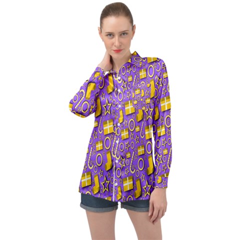 Pattern-purple-cloth Papper Pattern Long Sleeve Satin Shirt by nateshop