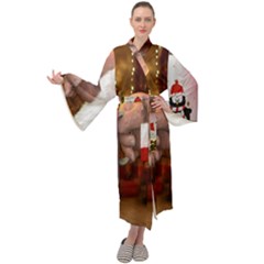 Merry Christmas - Santa Claus Holding Coffee Maxi Velour Kimono by artworkshop