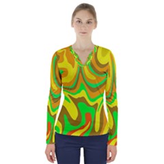 Groovy Wavy Pattern Colorful Pattern V-neck Long Sleeve Top by Wegoenart