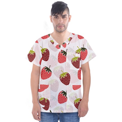 Strawberry Fruit Pattern Background Men s V-neck Scrub Top by Wegoenart