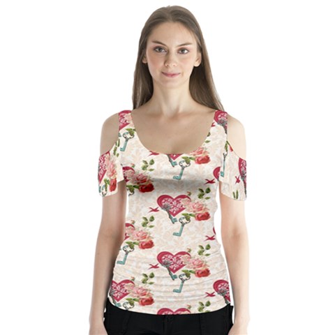 Key To The Heart Butterfly Sleeve Cutout Tee  by ConteMonfrey