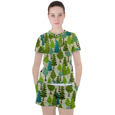 Seamless-forest-pattern-cartoon-tree Women s Tee And Shorts Set by nateshop