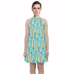 Vector-white-cartoon-trees-pattern Velvet Halter Neckline Dress  by nateshop