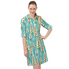 Vector-white-cartoon-trees-pattern Long Sleeve Mini Shirt Dress by nateshop