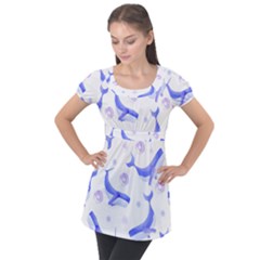 Whale Fish Sea Pattern Mammal Ocean Puff Sleeve Tunic Top by Ravend