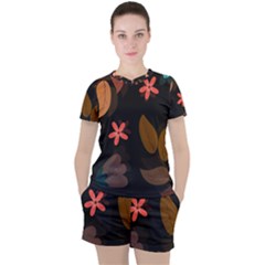 Flower Leaves Background Floral Women s Tee And Shorts Set