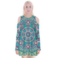 Green, Blue And Pink Mandala  Velvet Long Sleeve Shoulder Cutout Dress by ConteMonfrey