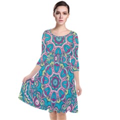 Green, Blue And Pink Mandala  Quarter Sleeve Waist Band Dress by ConteMonfrey