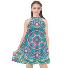 Green, Blue And Pink Mandala  Halter Neckline Chiffon Dress  by ConteMonfrey