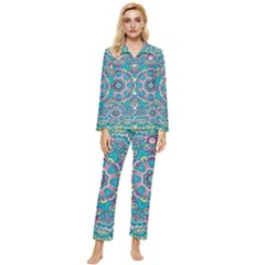Green, Blue And Pink Mandala  Womens  Long Sleeve Velvet Pocket Pajamas Set by ConteMonfrey