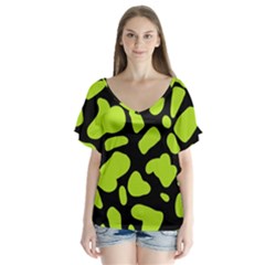 Neon Green Cow Spots V-neck Flutter Sleeve Top by ConteMonfrey