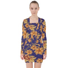 Seamless-pattern Floral Batik-vector V-neck Bodycon Long Sleeve Dress by nateshop