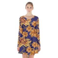 Seamless-pattern Floral Batik-vector Long Sleeve Velvet V-neck Dress