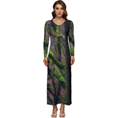 Tree Moss Forest Bark Wood Trunk Long Sleeve Velour Longline Maxi Dress by Wegoenart