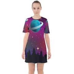 Asteroid Comet Star Space Aurora Sixties Short Sleeve Mini Dress by Wegoenart