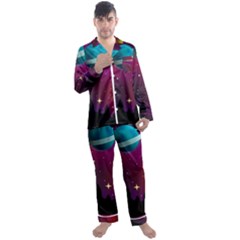 Asteroid Comet Star Space Aurora Men s Long Sleeve Satin Pajamas Set by Wegoenart