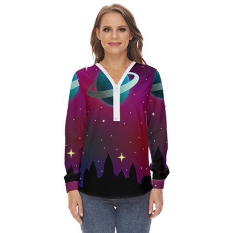 Asteroid Comet Star Space Aurora Zip Up Long Sleeve Blouse by Wegoenart